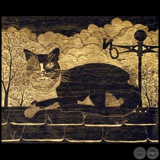 Gato sobre el tejado - Grabado de WALLY MONTIEL